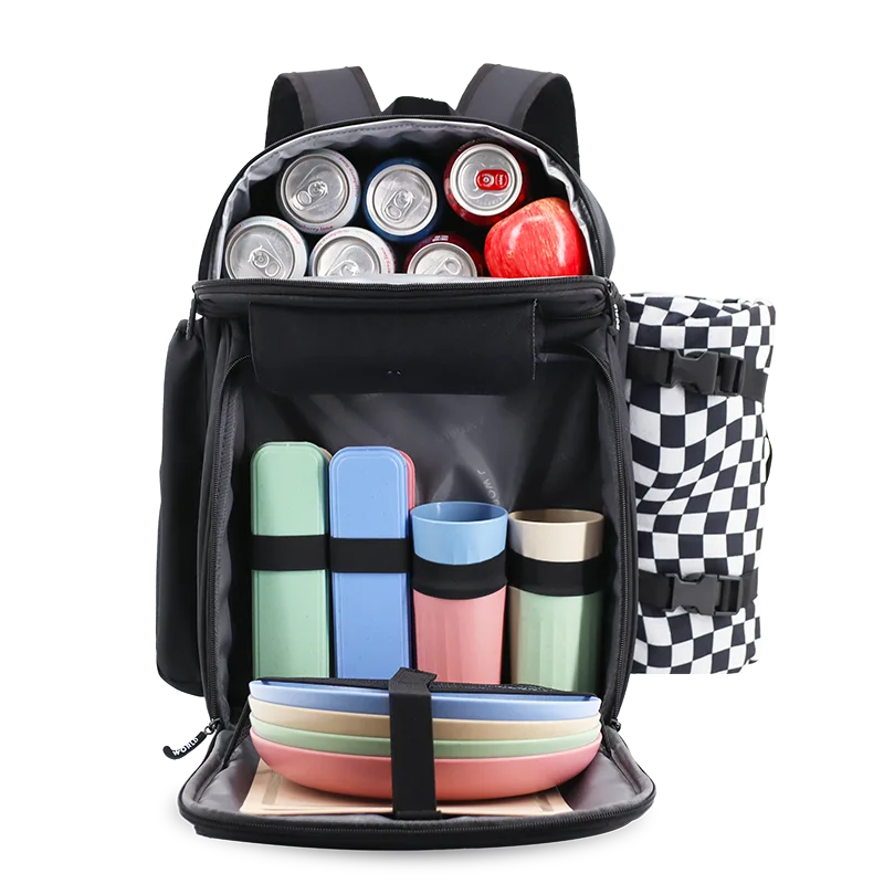 Picnic Backpack with Insulated Compartments & Picnic Mat in Black - JWorldstore