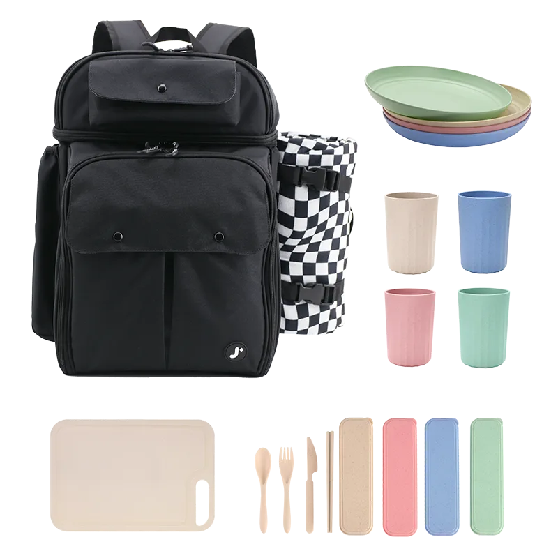 Picnic Backpack with Insulated Compartments & Picnic Mat in Black - JWorldstore