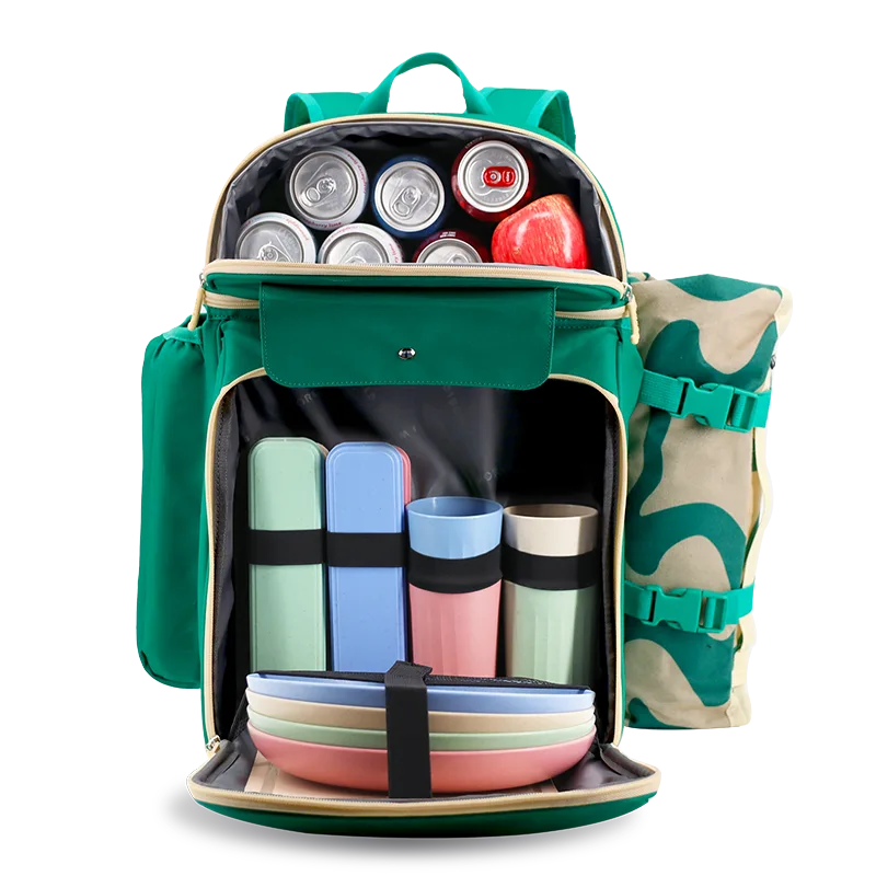 Picnic Backpack with Insulated Compartments & Picnic Mat in Green - JWorldstore