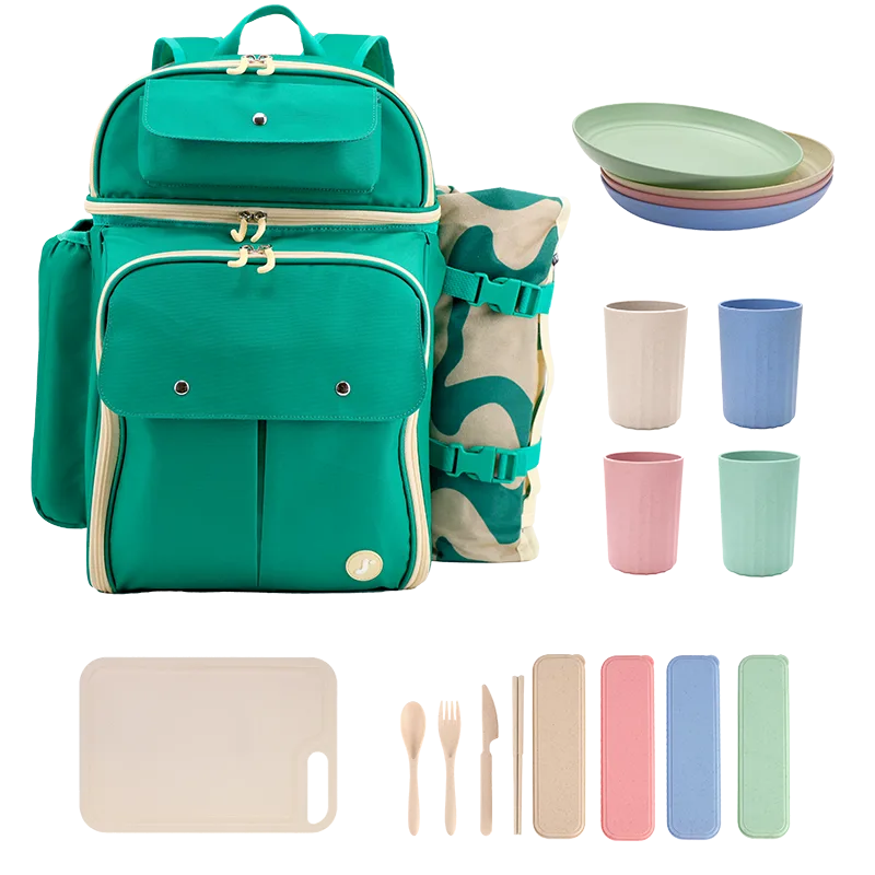 Picnic Backpack with Insulated Compartments & Picnic Mat in Green - JWorldstore
